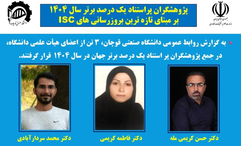 افتخارآفرینی اعضای هیئت علمی دانشگاه صنعتی قوچان در لیست پژوهشگران پر استناد یک درصد برتر سال ۱۴۰۴